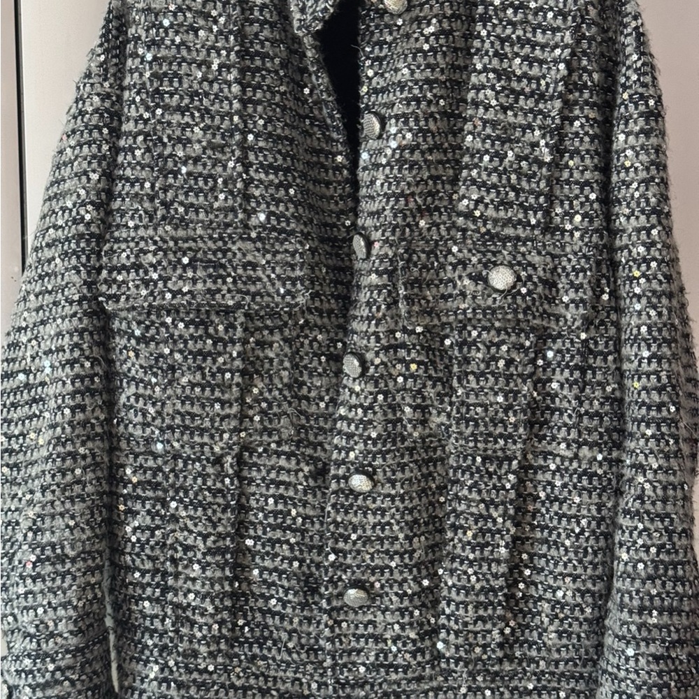 Stunning Women's Tweed Button-Up Jacket - Silver Sequins - Picture 10 of 11
